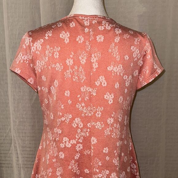 V by Violet Weekend S Coral Pink White Textured Floral Short Sleeve Swing Dress - Picture 4 of 15